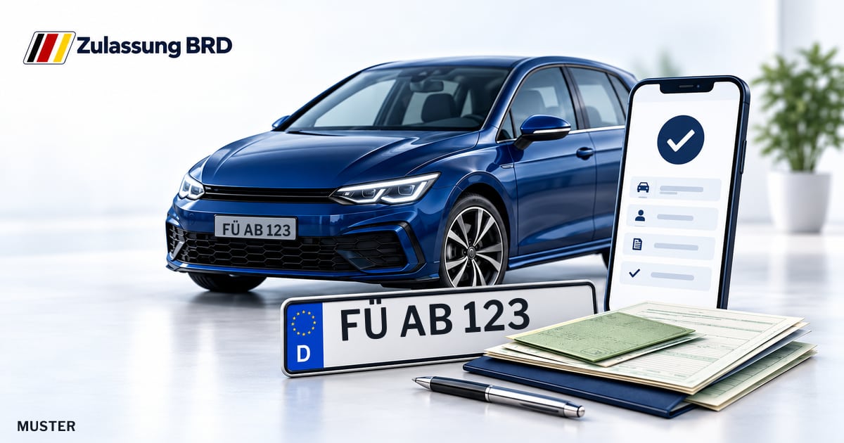 Online Fahrzeugzulassung in Stein: Musterkennzeichen FÜ AB 123, Auto und Fahrzeugpapiere und Smartphone. Illustration mit Logo von Zulassung BRD.